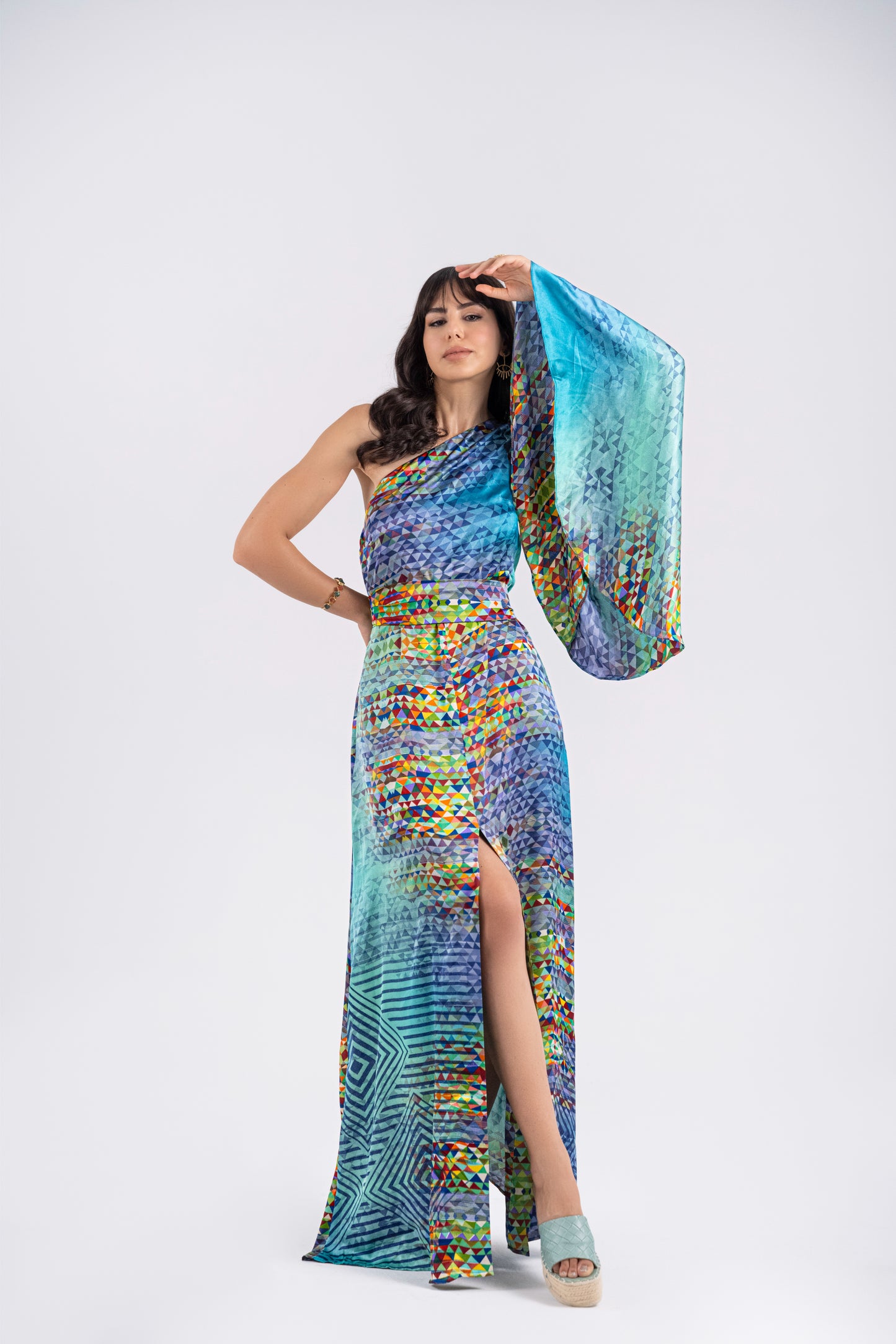 Barcelona - Silky Blue Half Shoulder Dress