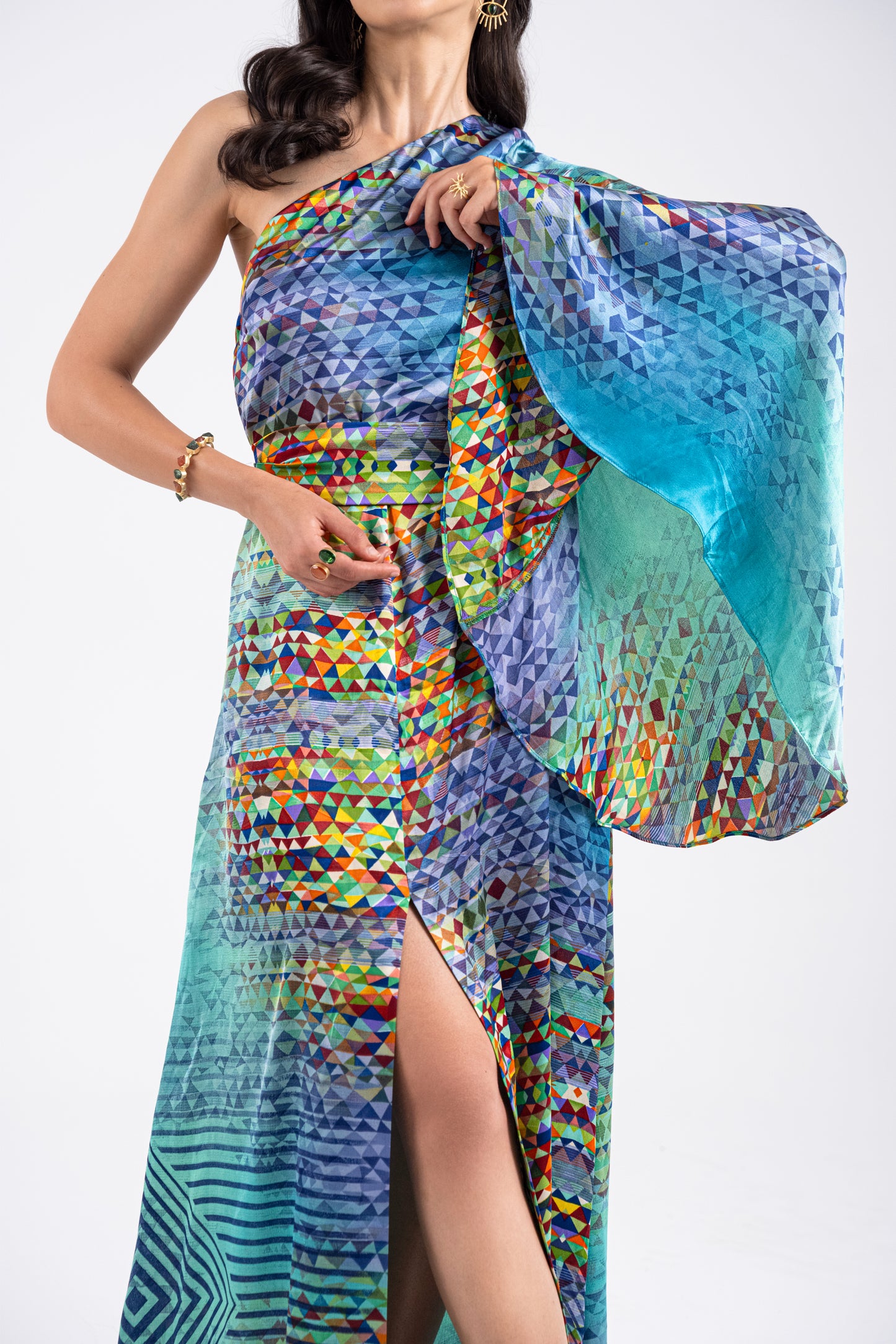 Barcelona - Silky Blue Half Shoulder Dress