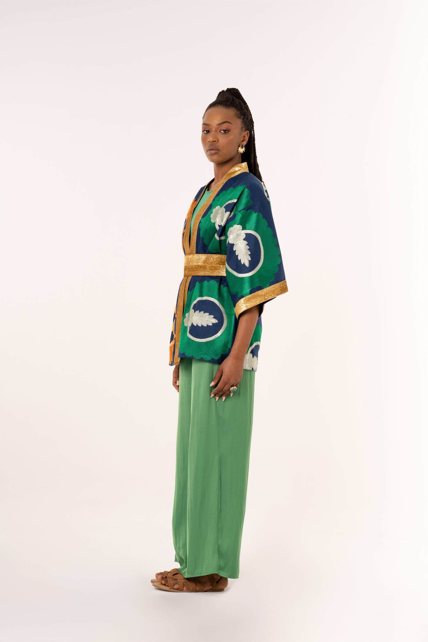 Kokand - Green/Orange Embroidered Linen Cardigan