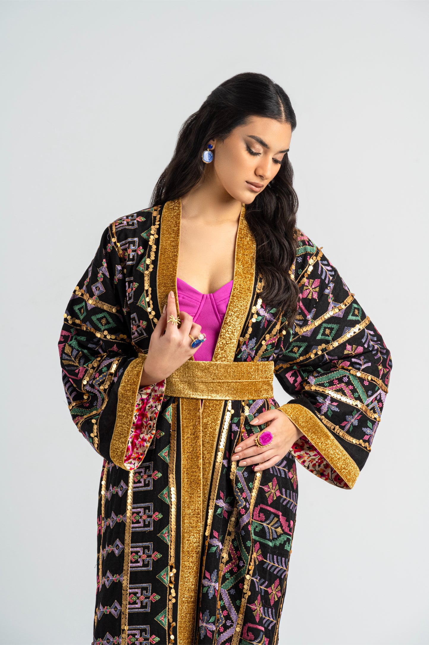 Dusti - Black Long Embroidered Linen Cardigan