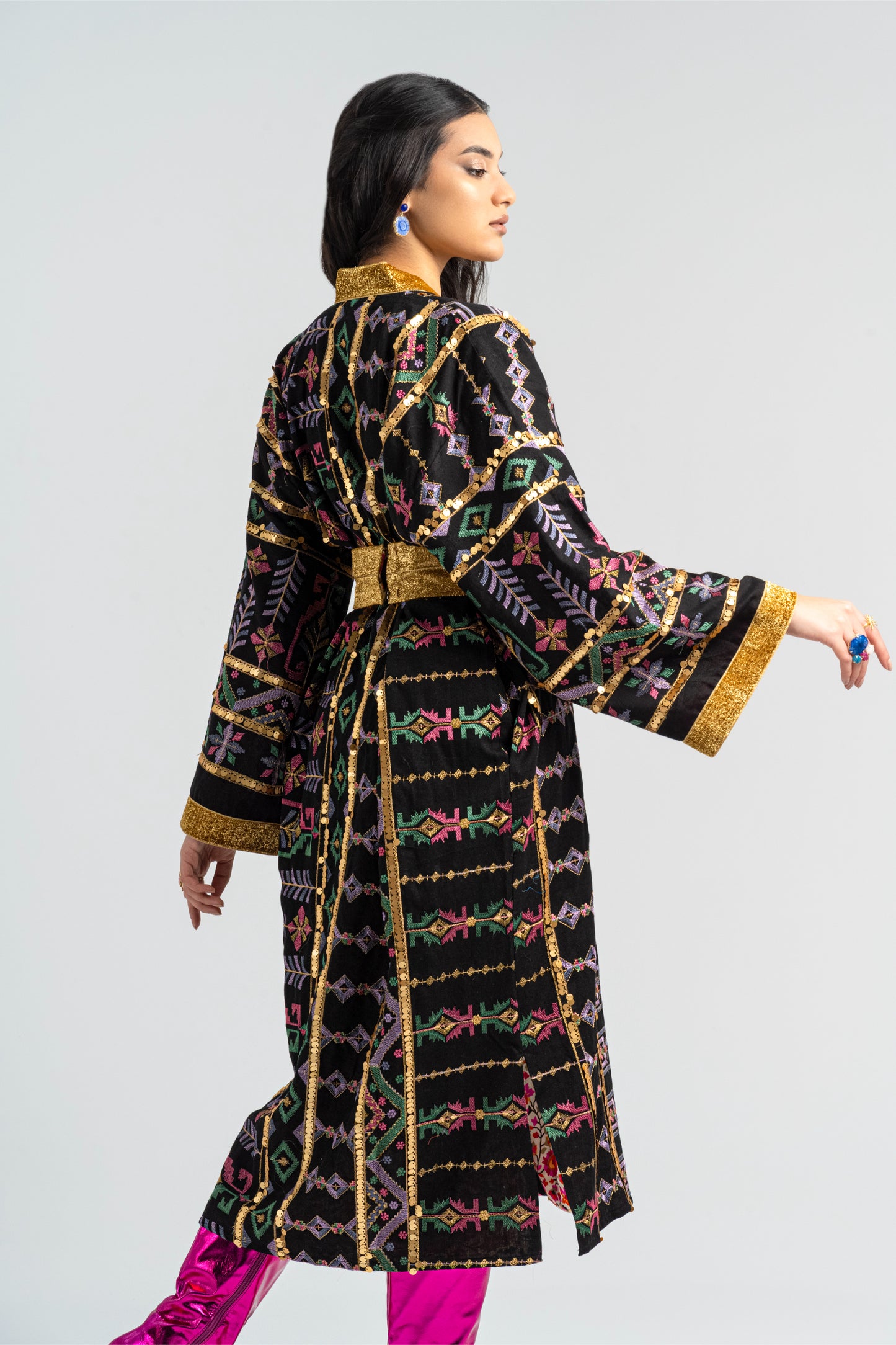 Dusti - Black Long Embroidered Linen Cardigan