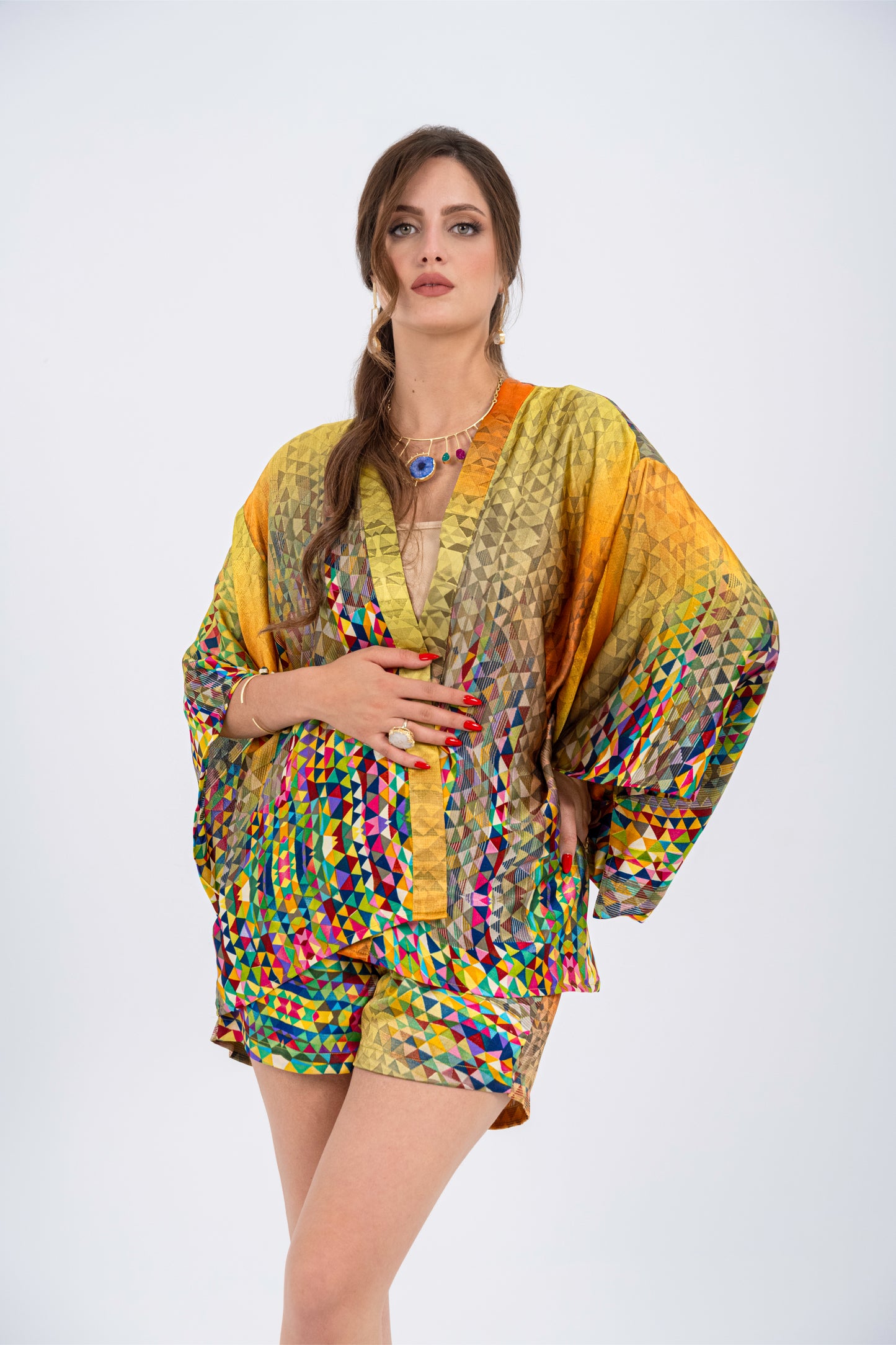 Barcelona - Super Short Silky Yellow Kimono