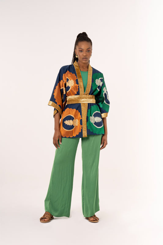 Kokand - Green/Orange Embroidered Linen Cardigan