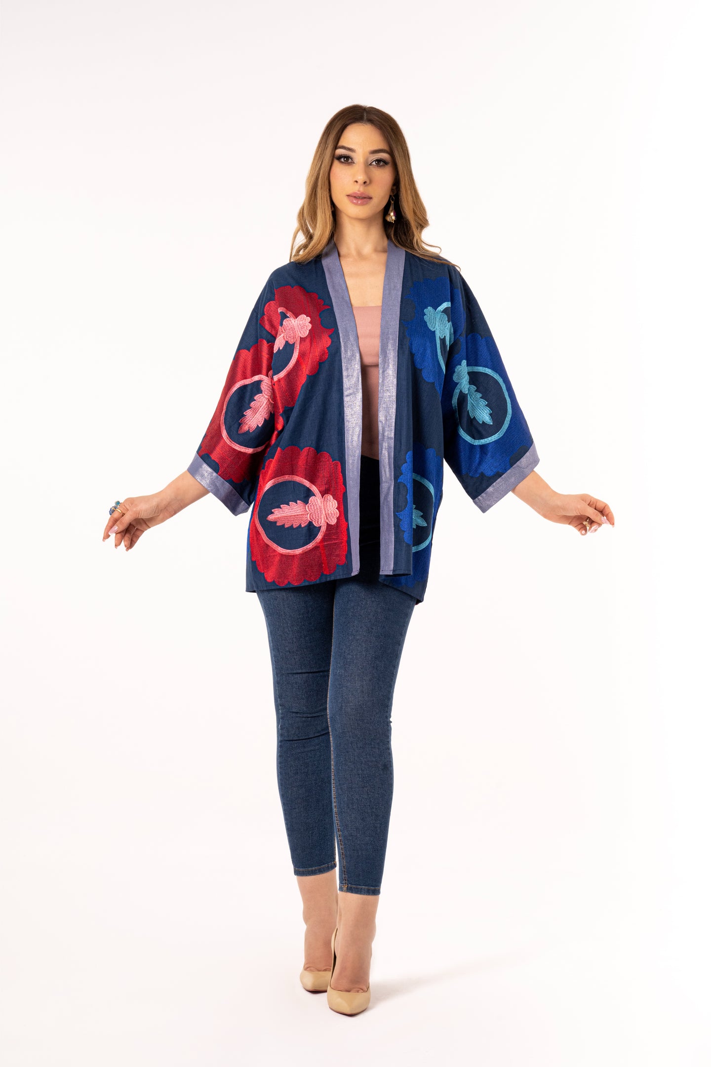 Kokand - Blue/Pink Embroidered Linen Cardigan